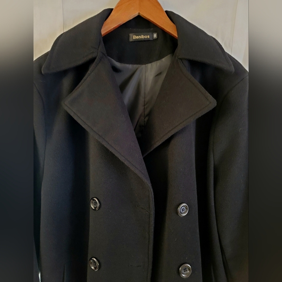 Benibos poly & wool blend black trench coat men's size Large - Picture 6 of 8